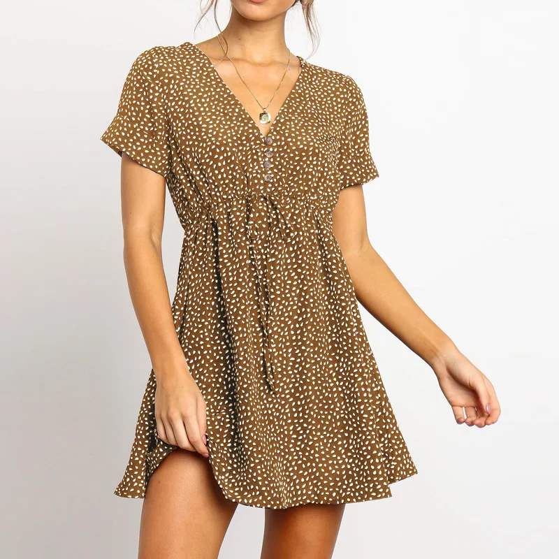 

Summer Dress Women 2020 Casual Short Sleeve Dot Print Beach Dress Sexy V Neck Party Mini Dress Elegant A Line Dresses Robe Femme