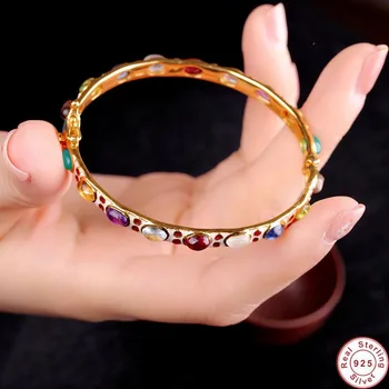 

S925 Sterling Silver Colored Gemstones Cloisonne Handmade Craft Bangles Vintage Ethnic Bracelet Bangles Fine Jewelry for Women