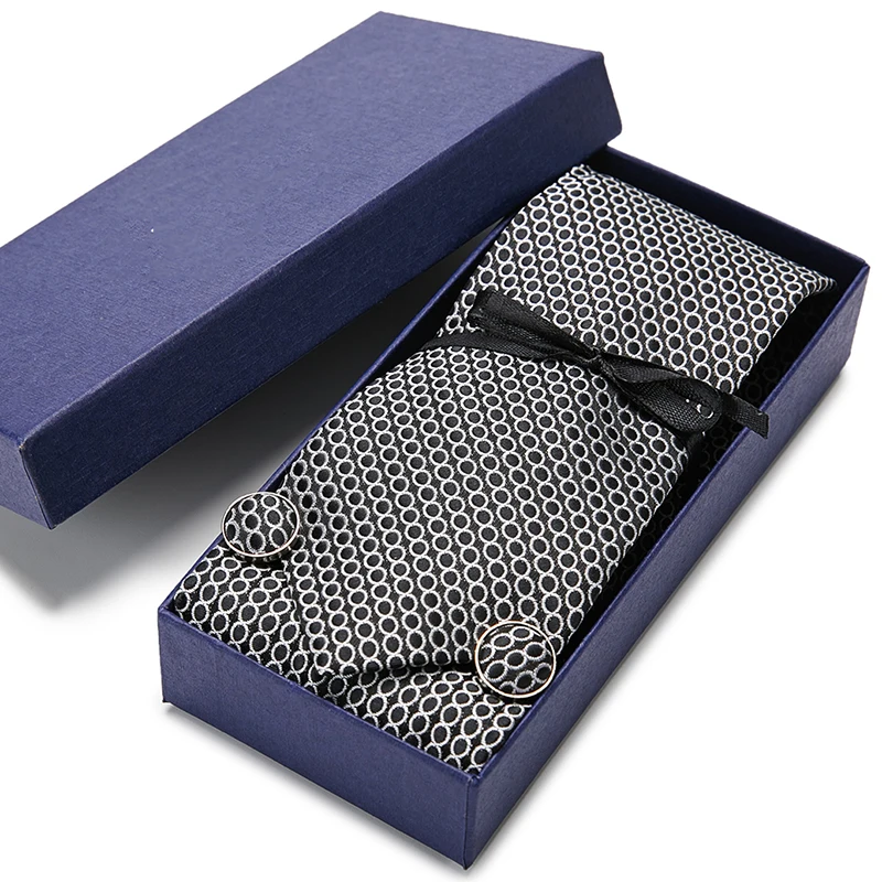 

Tie Set 3pcs for Men Formal Wedding Party 100% Black Geometric Tie Set Business Hanky &Handkerchief &CuffliTie Gift Box