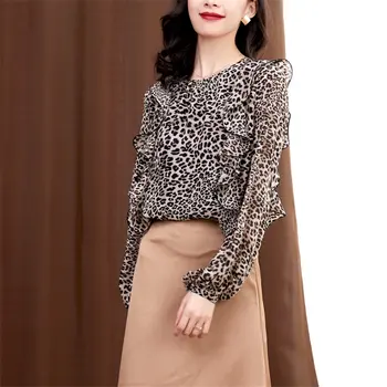 

HziriP 2020 Chic Gentle Leopard Basic Blouses Animal Print Ruffles Loose Chiffon Elegant Vintage All Match High Quality Shirts