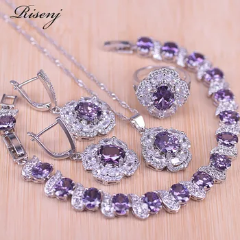 

Risenj Silver Color Jewelry Purple CZ&Crystal Costume Bridal Jewelry Set For Women Ring Necklace Earrings Bracelet Set