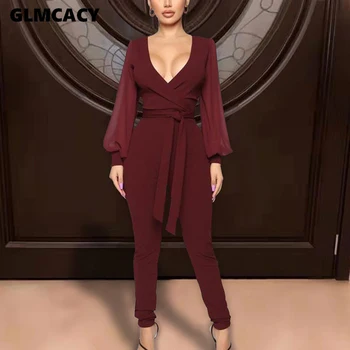 

Women Splicing Mesh Sleeve Plunge V-neck Wrap Belt Bodycon Jumpsuits Solid Chic Spring Fall Plus Size Female Overall