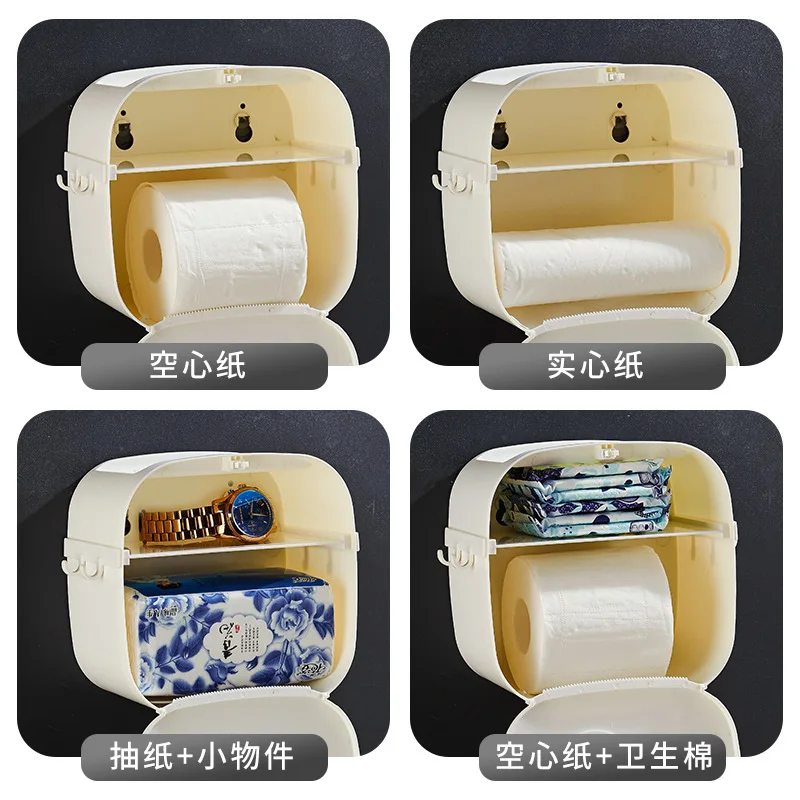 Creative Double Layer Tissue Box Toilet Waterproof Storage Hook Multi-functional Seemless Stickers Roll Paper Extraction Tissue