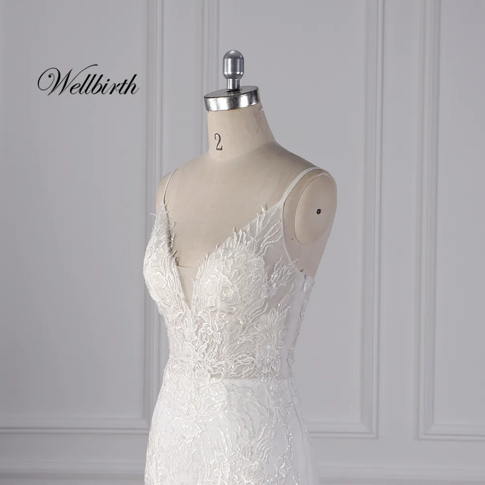 Реальное изображение Wellbirth Vestido de novia v-образным вырезом платье-Русалка на тонких бретельках свадебное платье кружева Спина подвенечное платье js003