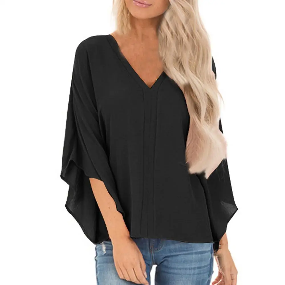 

Women Solid Deep V-Neck Half Butterf Sleeve Undercoat Blouse Solid Tops women blouses blusas elegantes de mujer 2019 blouse BB3M