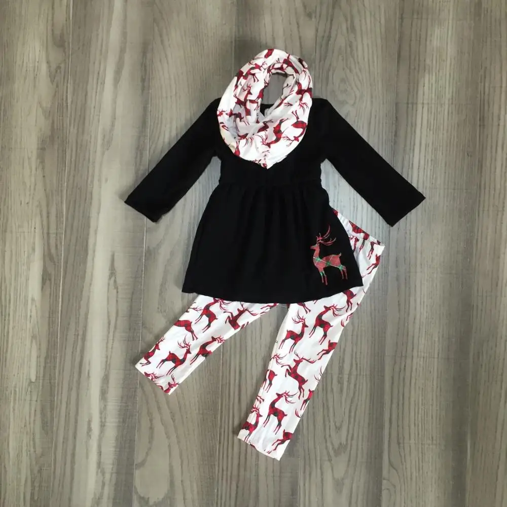 НОВАЯ РОЖДЕСТВЕНСКАЯ осенне-зимняя одежда для маленьких девочек, черный олень, 3 предмета, шарф наряды, штаны Одежда с принтом лося модная детская одежда с оборками