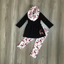 НОВАЯ РОЖДЕСТВЕНСКАЯ осенне-зимняя одежда для маленьких девочек, черный олень, 3 предмета, шарф наряды, штаны Одежда с принтом лося модная детская одежда с оборками