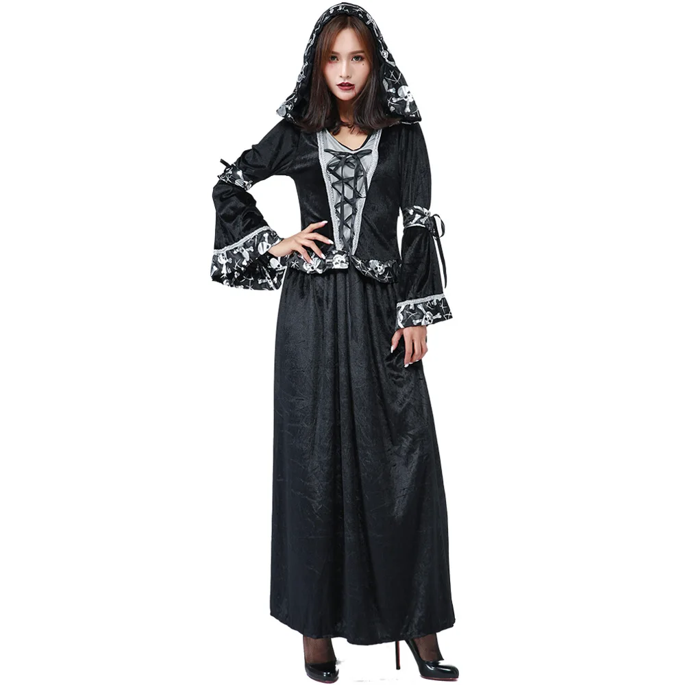 

Women Dark Sorceress Costume Voodoo Priestess Cosplay Dress Skull Print Trim Halloween Carnival Purim Party Costumes