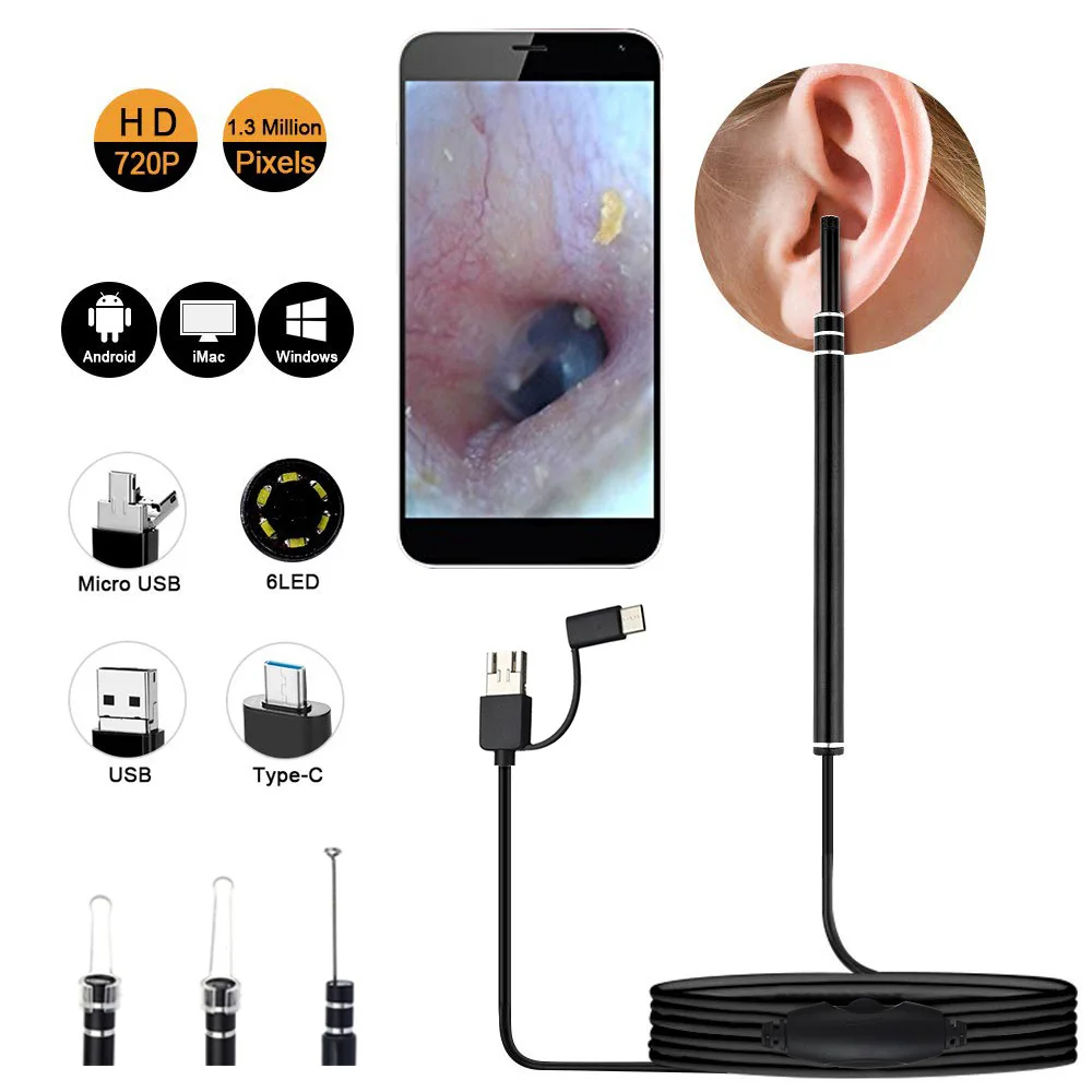 

3 in 1 In Ear Cleaning Endoscope Spoon Mini Camera Ear Picker Ear Wax Removal Visual Ear Mouth Nose Otoscope Support Android PC