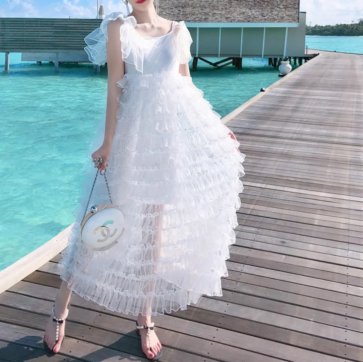 

2019 Autumn New Multi-layer Ruffles Cake Dress Women Fashion Dress V-neck Transparent Mesh Long Dress White Dress Vestidos
