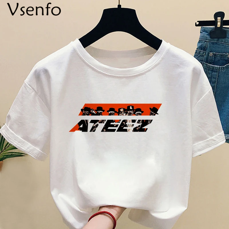 Повседневные футболки с принтом Kpop ATEEZ женская и Мужская одежда белые летние топы