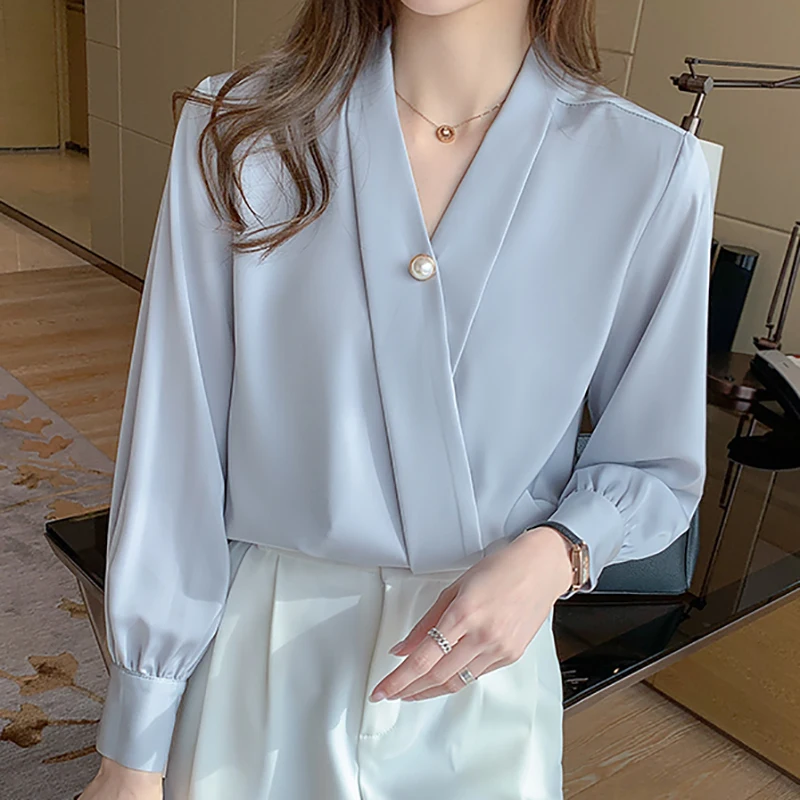 New V-Neck Silk Shirts Women Pullover Short Sleeve Summer Tops 2021 Button Women Blouses Satin Clothing Office Lady Solid Blouse