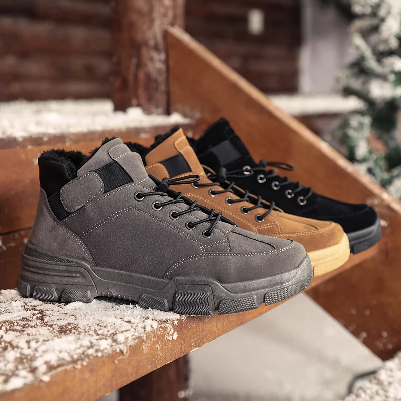 Autumn Winter Leather Ankle Boots High Top Men Snow Boots Shoes with Fur Plush Warm Male Casual Shoes Men's Sneakers
