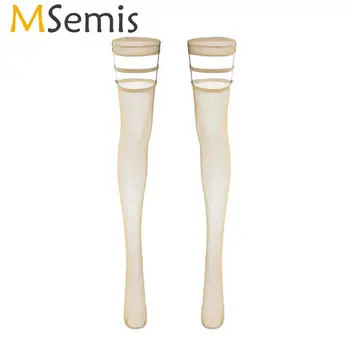 

MSemis Women See Through Fishnet Stockings Thigh High Stockings 2020 Hot Punk Rivet Lace Garter Hollow Out Hosiery Pantyhose