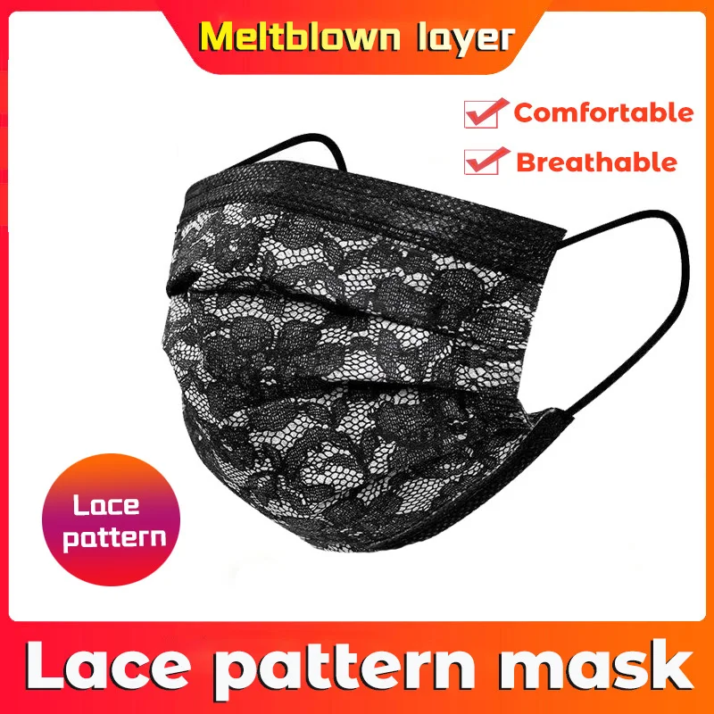 10-200pcs Disposable Masks Non-woven Face Masks 3 layer Ply Filter Anti Dust Breathable Adult Mouth Mask Black with Lace pattern