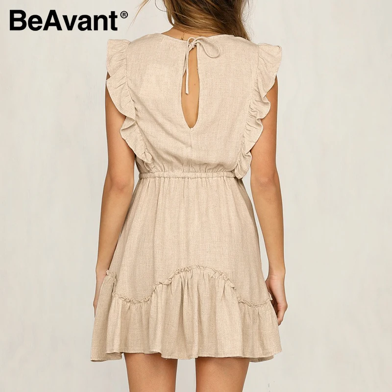 BeAvant, летнее, бохо, короткое платье, женское,, хаки, без рукавов, с оборками, одноцветное, женское, с круглым вырезом, Повседневное платье, с открытой спиной, Vestidos