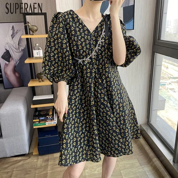 

SuperAen 2020 Summer New Women Dress Fashion Cotton Print Ladies Dress V-neck Puff Sleeve Korean Style Casual Women Clothing