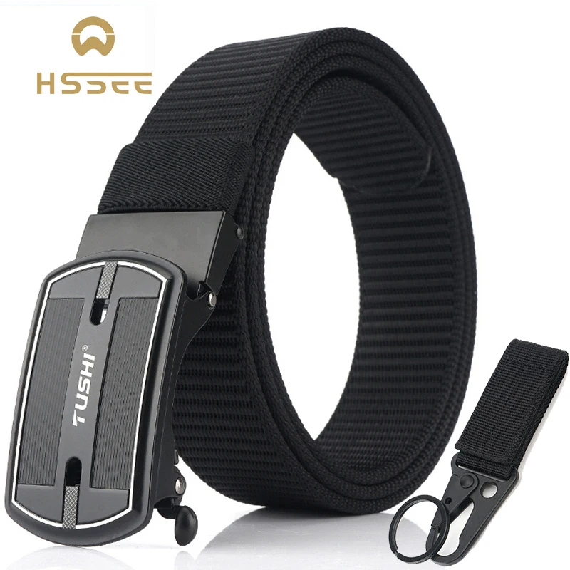 

HSSEE 2020 New Men's Tactical Belt Hard Matte Metal Automatic Buckle Military Army Belt Soft Real Nylon Sports Belt for Men