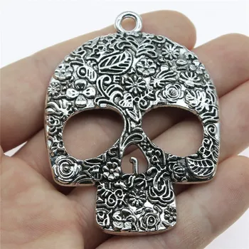 

WYSIWYG 1pcs 66x49mm Big Skull Charm Large Skull Charm For Jewelry Making Big Flower Skull Pendants Charm 3 Colors