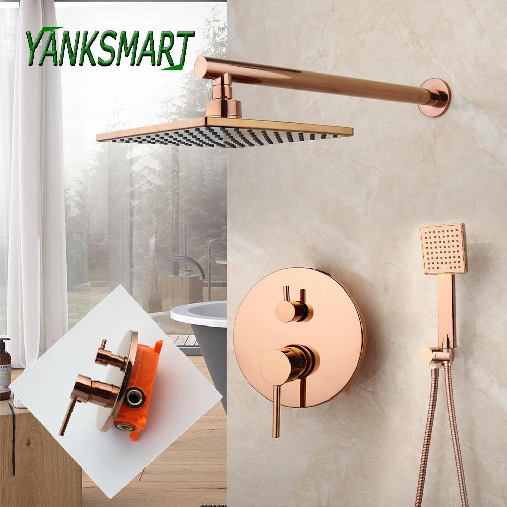 

YANKSMART 8 inch Rainfall Rose Gold Bathroom Shower Faucet Set Wall Mounted With Handshower Rotate Bath Spout Mixer Water Tap