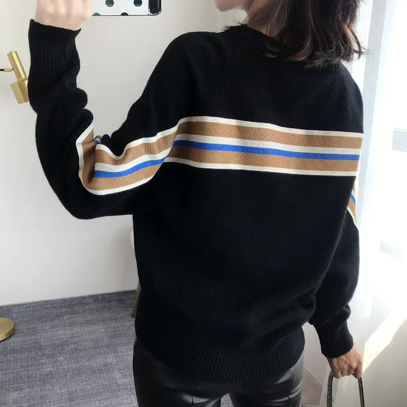 

Knitwear Stitching Stripes Loose Fashion Versatile Women Top 2019 Colorful Stripes Age Reducing Versatile Black Sweater Women