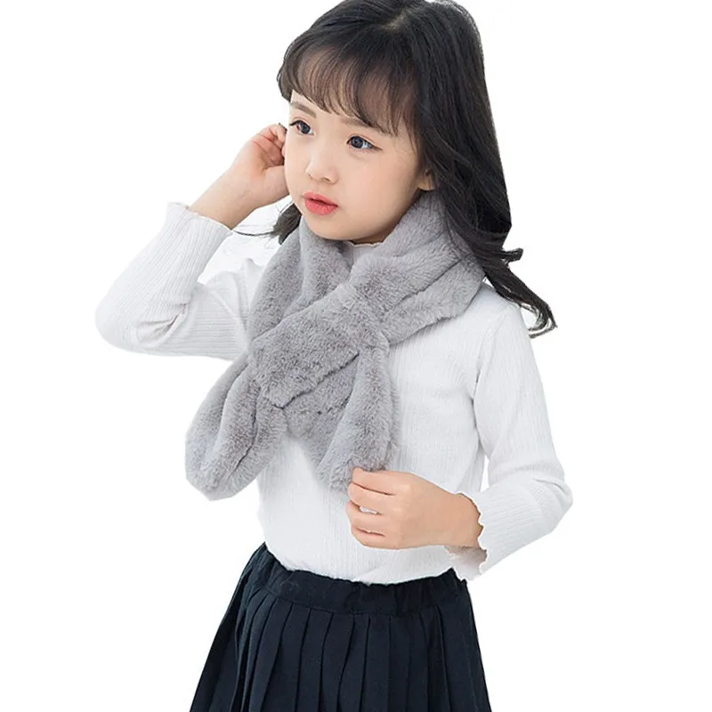 Детский шарф для девочек, плюшевый меховой шарф с бантиком, однотонный шарф с перекрестным воротником на зиму - Цвет: H