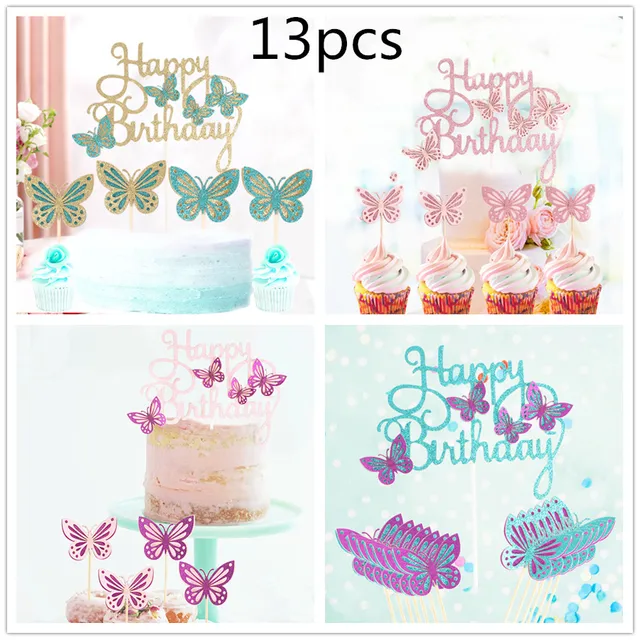 13 pçs glitter borboleta feliz aniversário bolo toppers 3d rosa