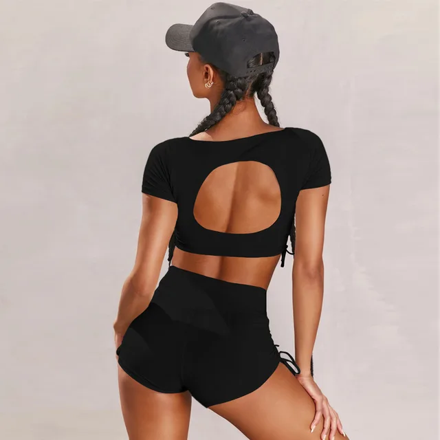 Sport Wear Yoga Set 2020 Summer New Women's Solid Short Sleeve Backless Top+shorts 2 Pcs Running Gym Set Sexy Sports Suit Female 6