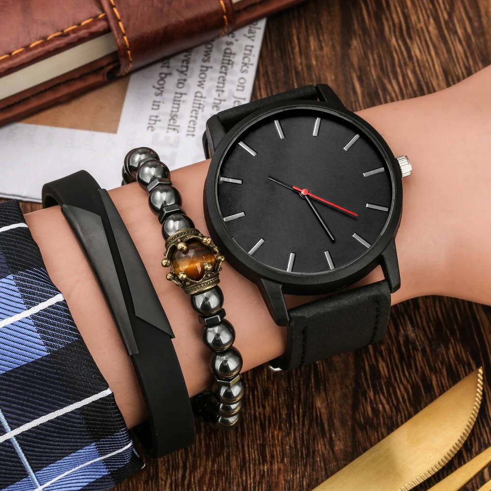 High-End Men's Business Watches Best Valentine's Day Gifts for Boyfriend Male Minimalist Leather Watch 2 Bracelets Gift Set Box