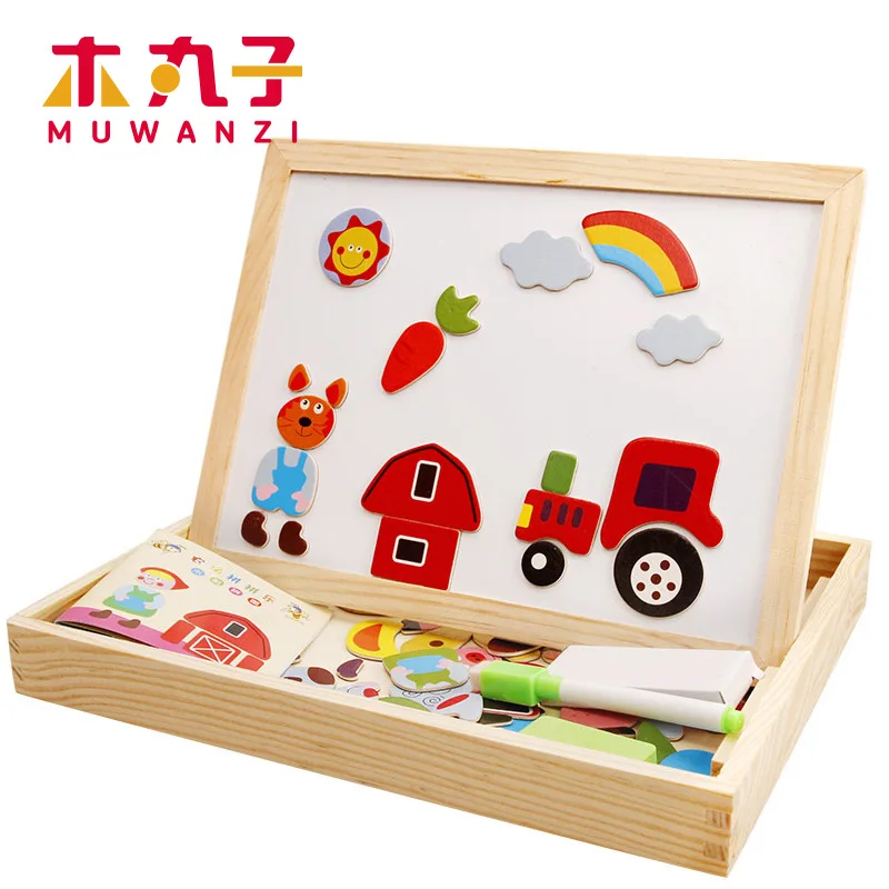 

Children's wooden toy magnetic double-sided puzzle, DIY drawing board graffiti game, forest animal puzzle board educational toys