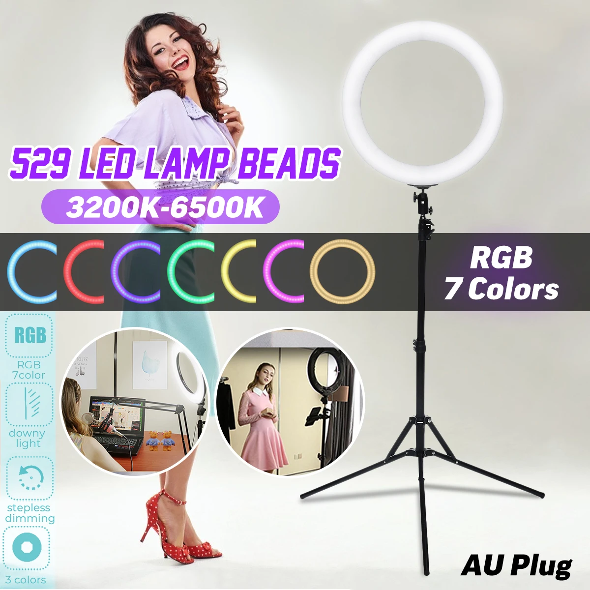 7 видов цветов светодиодный светильник для фото и видео камеры RGB 1" 48 Вт 3200K~ 6500K с регулируемой яркостью, кольцевой светильник для фото и видео камеры, заполняющий светильник