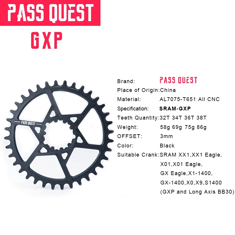 PASS QUEST SRAM gx xx1 eagle GXP Round MTB Narrow Wide Chainring 32T-38T Bike Bicycle Chainwheel/Chain Wheel 3mm Offset Crankset