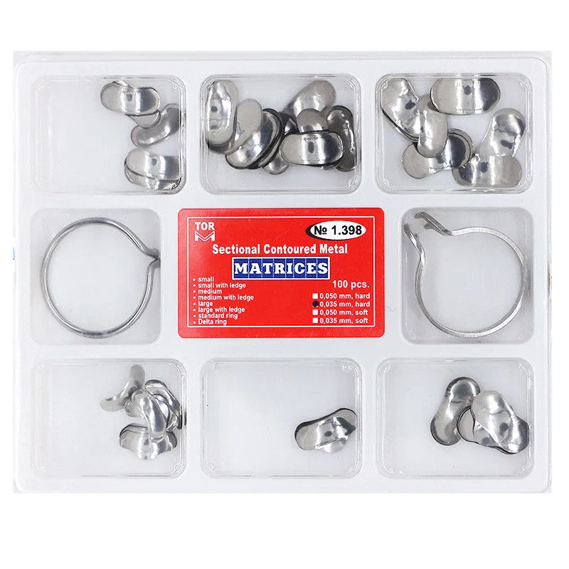 100pcs Dental Matrix No.1.398 Sectional Contoured Metal Matrices with 2 Rings set for Teeth Replacement Dentsit Tools