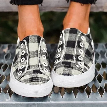 

2020 Spring Women's Vulcanized Shoes Women Sneakers Casual Comfort Flats Plaid Woman Fashion Slip On Flat Platform Ladies shoes