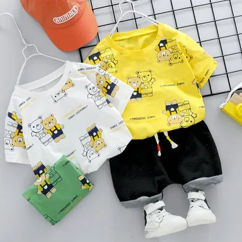 

Cartoon Toddler Baby Boys Summer Clothes Printed Bear O-neck Shirt Shorts 2 Pieces Children Outfits Short Sleeve Newborn Costume