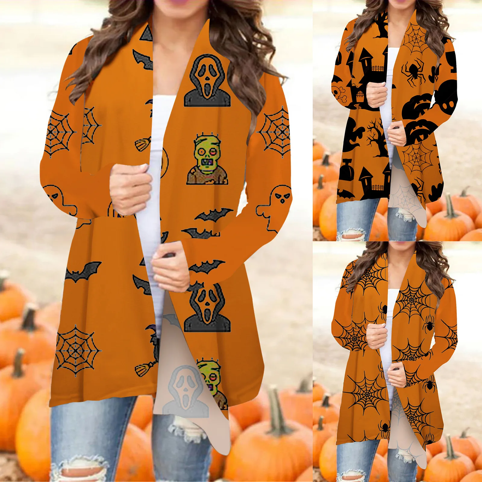 New Halloween Cardigan Korean S-XXL Women Sweater Halloween Black Animal Pumpkin Print Autumn Coat Blouse Woman Cardigan Sweater 1