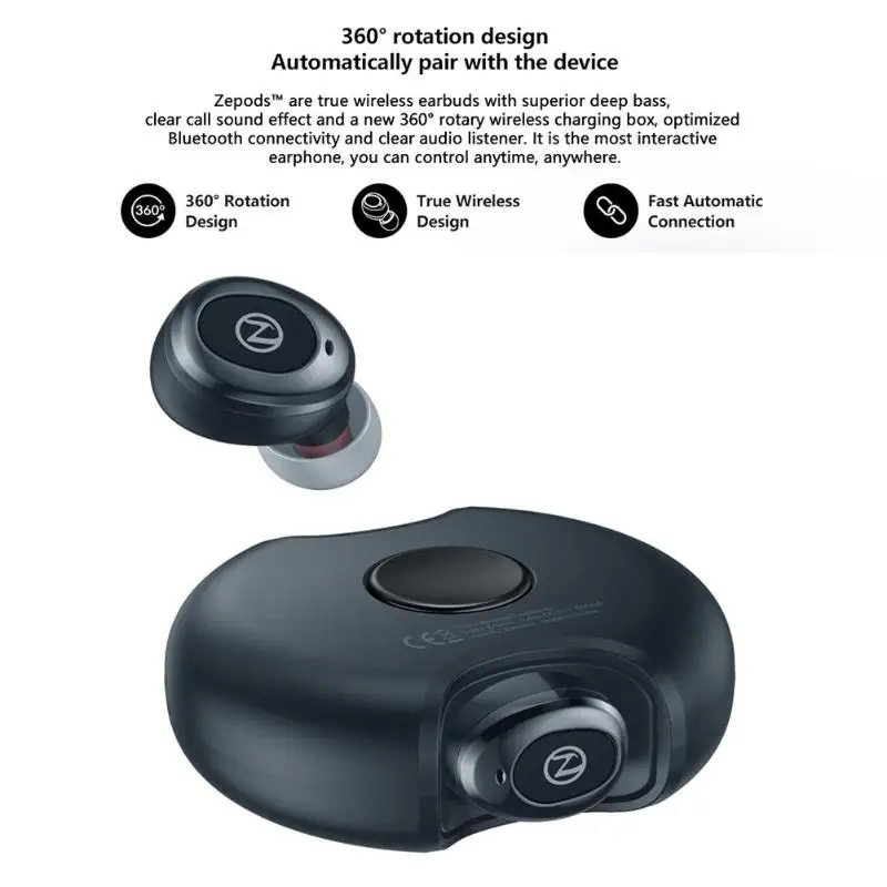 Беспроводные Bluetooth наушники 5,0 TWS Zeblaze Zepods с глубоким басом, стерео беспроводные наушники, 360 вращение, шумоподавление с микрофоном