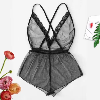

Women Lace Trim V-Neck Backless Cross Strap Bodysuit Jumpsuit Lingerie Pajamas Lingerie Sleepwear Bra Set Conjunto de lenceria