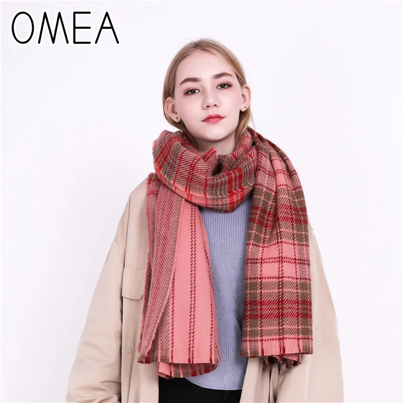 

OMEA Winter Plaid Cashmere Scarf Women Long Thicken Warm Color Matching Shawl Striped Blanket Scarf Pashmina Luxury Brand Poncho