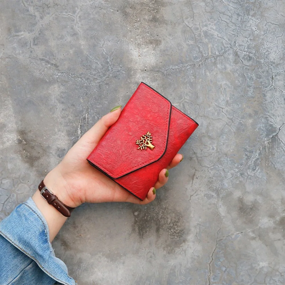 

2019 Fashion Wallet Women Short Retro Tree PU Leather Wallets Small Luxury Brand Leather and Lovely Purse Female Small Wallets