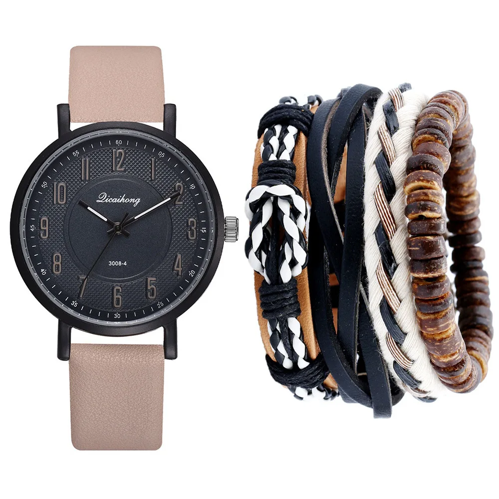 

Men Fashion Simple Leather Belt Quartz Watch + Bracelet Set (5pcs/set) Watches for Men