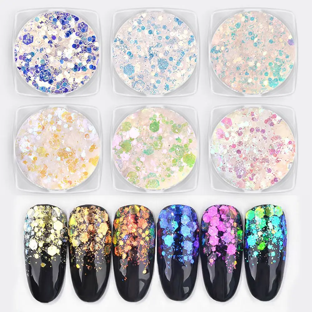 

1Box 3D Ultra-thin Slice Nail Sequins Mixed Glitter Powders Mermaid Hexagon Flakes Aurora Unicorn Sparkling Nail Art Decor Tools
