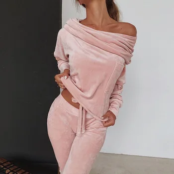 

Sweatshirt Women 2 pieces Set Tracksuit Spring One shoulder Sweatshirt Pants Sets Sport Wear Tracksuit Velvet Lounge Suit