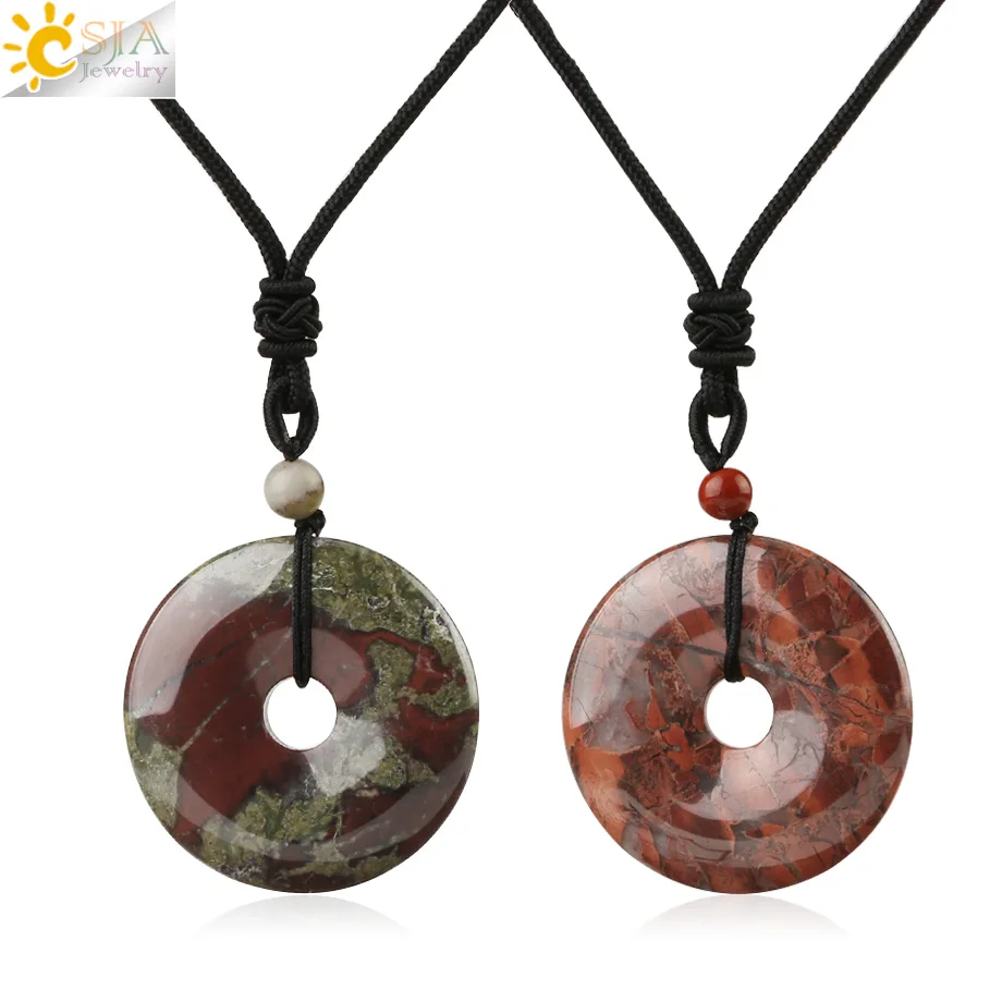 

CSJA 4x4cm Natural Stone Circle Pendant Necklace Peace Buckle Lucky Amulet Knot Healing Beads Fashion Jewelry for Women Men G165