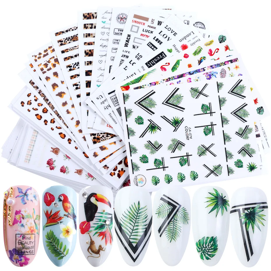 10 шт. смешанный дизайн ногтей наклейки Набор лист цветы красочные 3D клей для