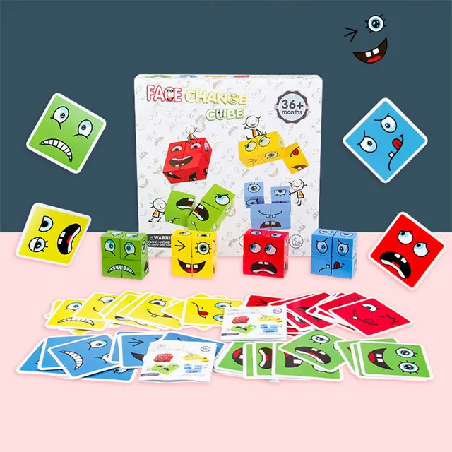 64 Pcs Cards of Emotion Change Blocks Educational Toys Wood Cube Table Games Expressions Puzzles Montessori Toys for Kids Gifts 3