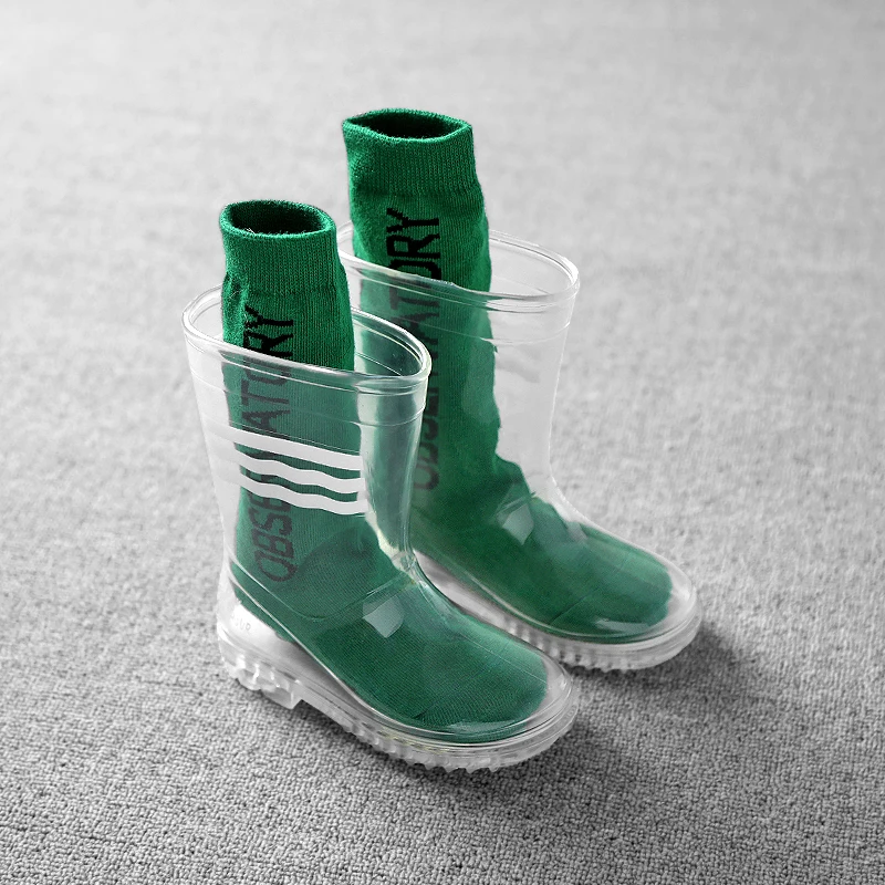 5 rainboot and socks Водонепроницаемая обувь для маленьких мальчиков и девочек, Радужный цвет, яркая расцветка детская прозрачный студентов ребенок младшего возраста Младенец Малыш резиновые сапоги с носками; сезон зима - Цвет: 5 rainboot and socks