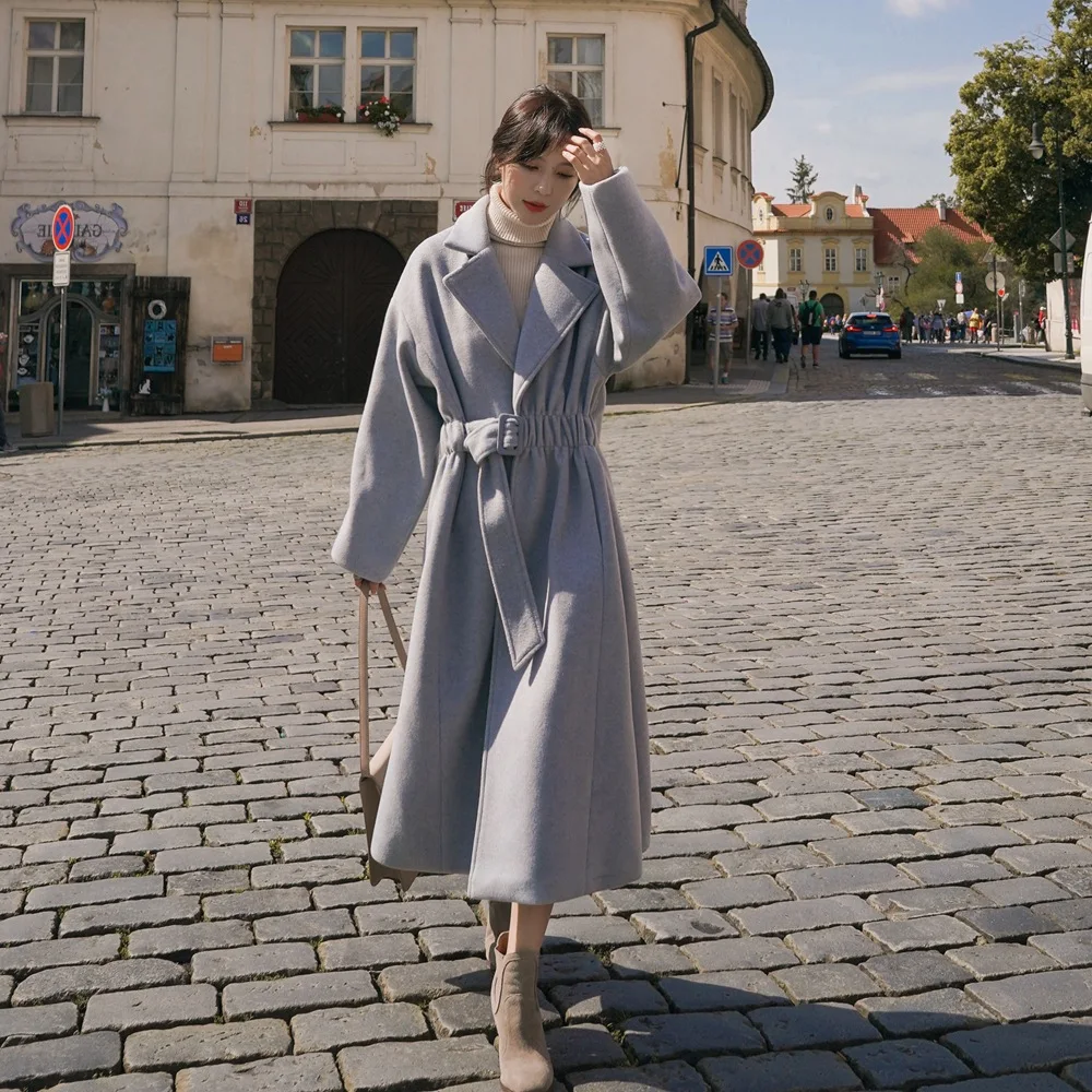

Photo Shoot French Large Lapel Woolen Jacket 2019 Winter New Style WOMEN'S Dress Retro British Style Waist Hugging Woolen Overco