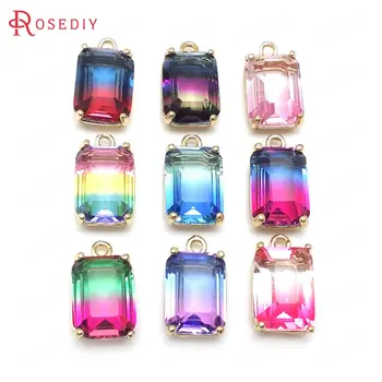 

6PCS 17x10MM 24K Champagne Gold Color Brass and Glass Colorful Rainbow Style Rectangle Charms Pendants Diy Jewelry Accessories