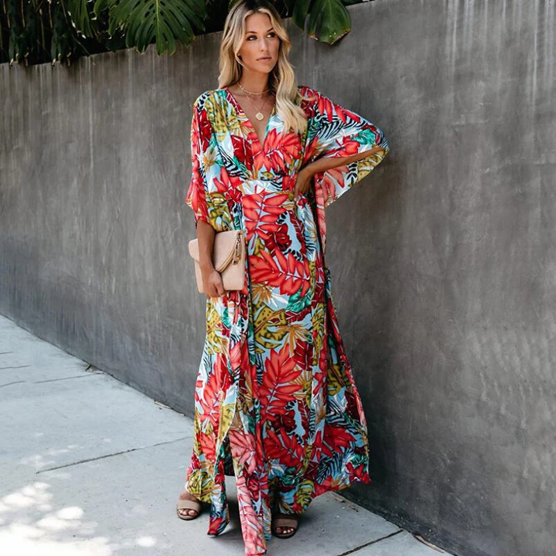 MX-ZS1078 L-133cm Brazilian Print Chiffon Robe Kaftan Beach Cover Up Swimsuit Long Sleeve Swimwear Women Bathing Suit Ladies Sarong Beachwear - Цвет: MX-ZS1078 L-133cm